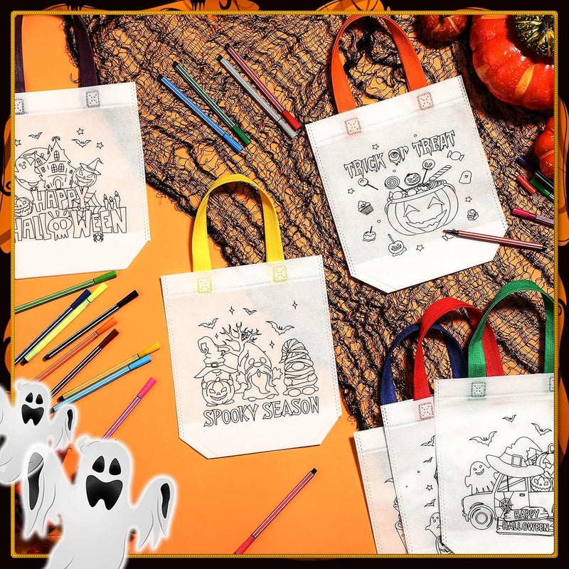 Vincreem 54 Pcs Halloween Coloring Goodie Bags with 60 Pcs Colorful Markers Non Woven Coloring Ghost Pumpkin Color Your Own Reusable Party Favor Bags for Holiday DIY Painting, 6 Styles - Image 3